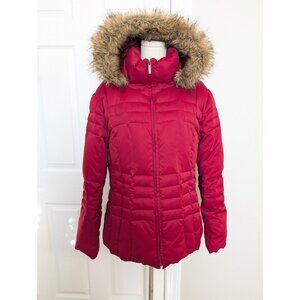 Calvin Klein Down Faux Fur Hooded Quilted Puffer Jacket Parka Red Sz XL Preppy
